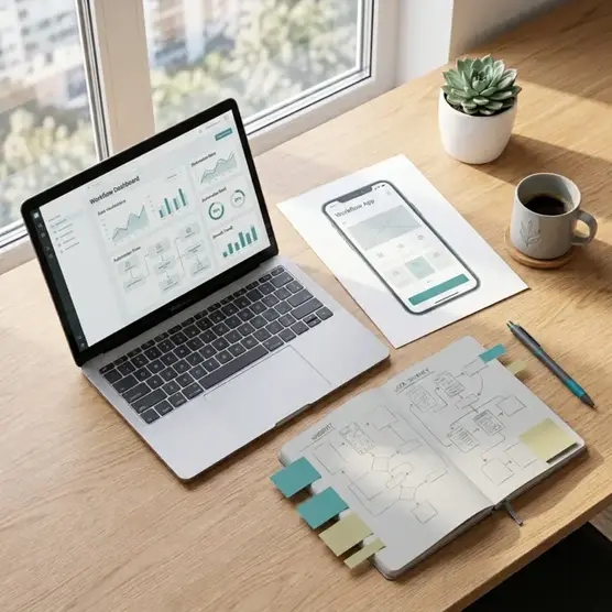 Espace de travail moderne avec livrables sur ordinateur, impressions et post-it pour la planification de projet
